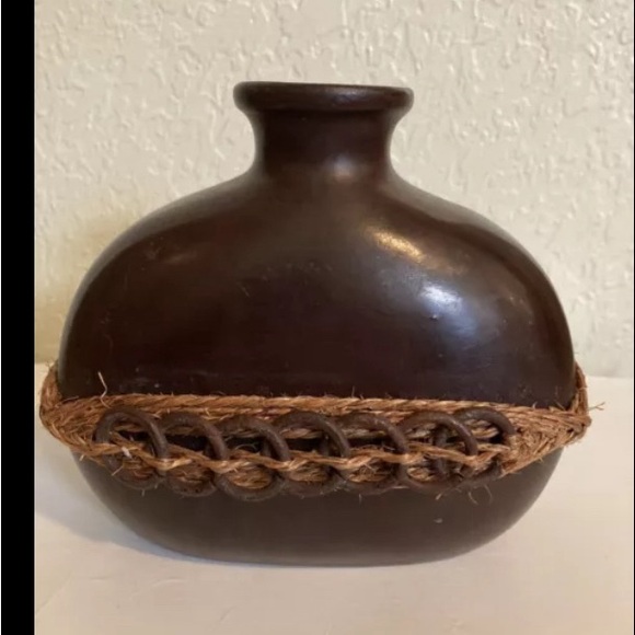 Vintage Dark Wooden Vase Ottoman Style Wood With Raffia & Metal Rings  6x6” - Picture 1 of 7